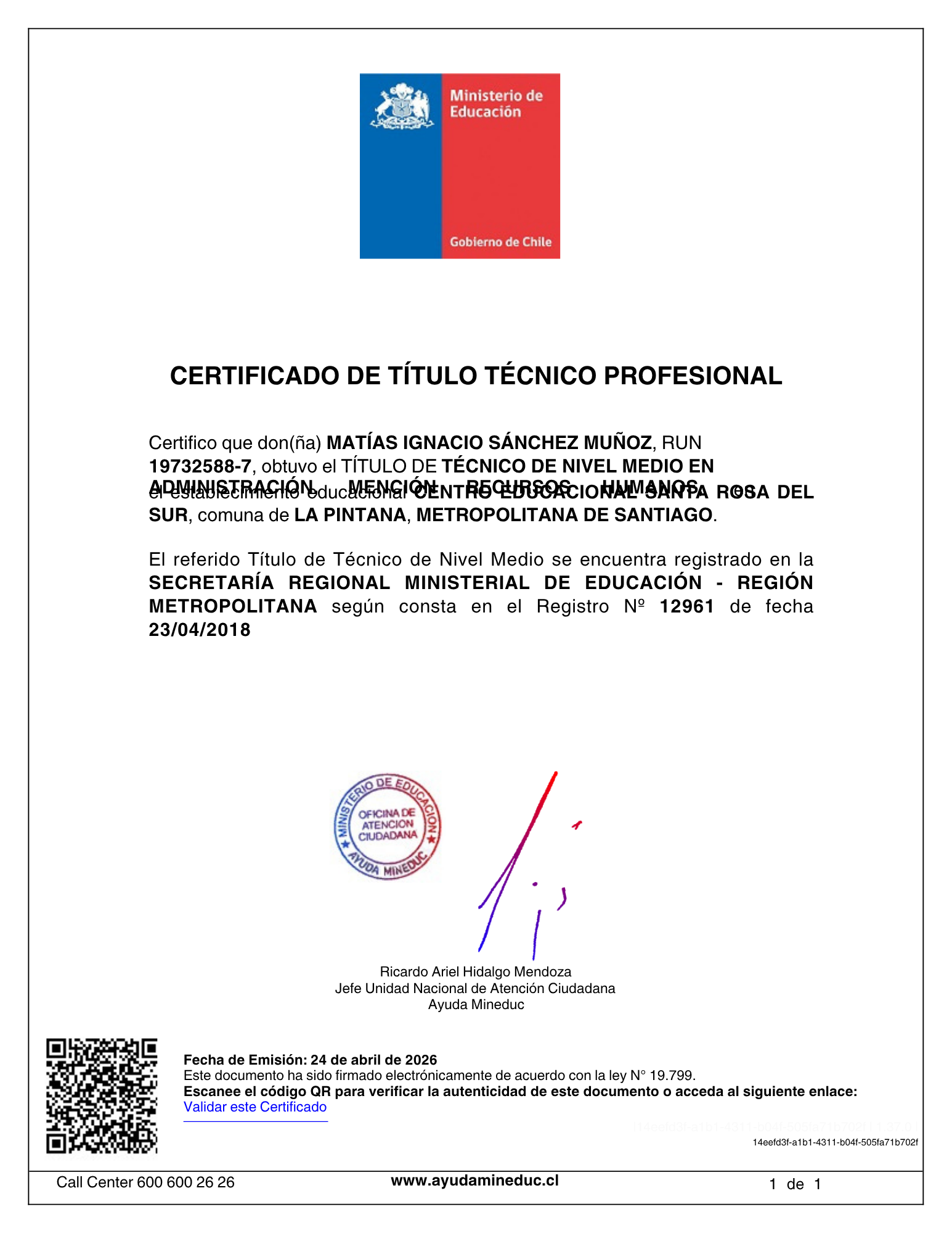 Certificado TÉCNICO DE NIVEL MEDIO EN ADMINISTRACIÓN, MENCIÓN RECURSOS HUMANOS