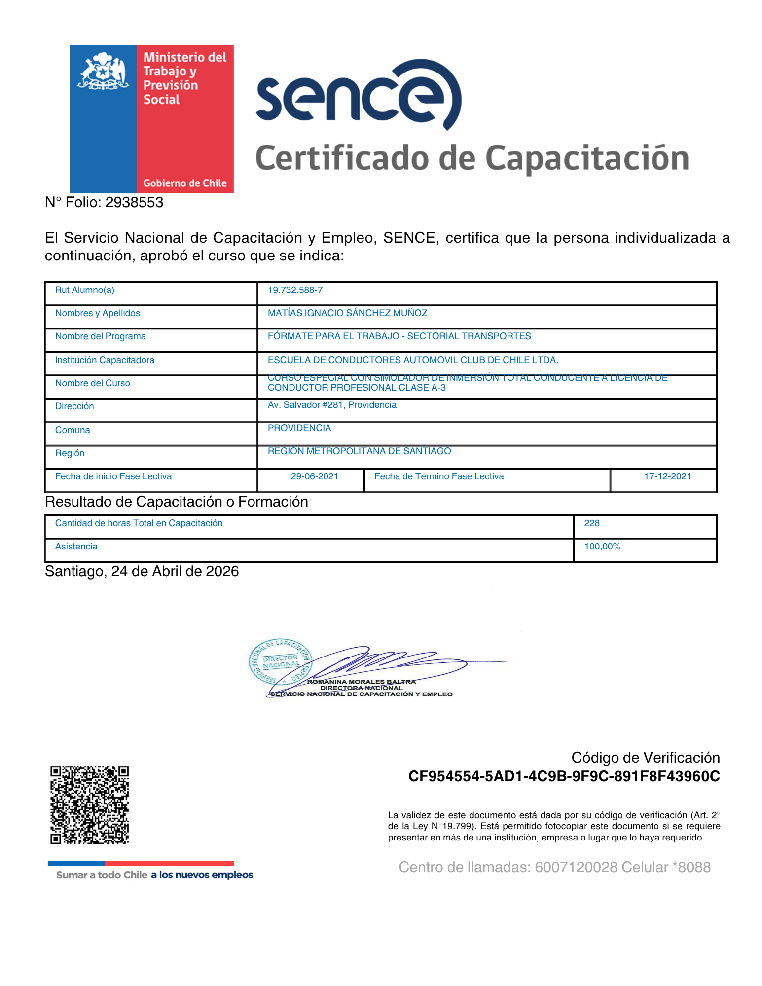 Certificado CONDUCTOR CLASE A-3